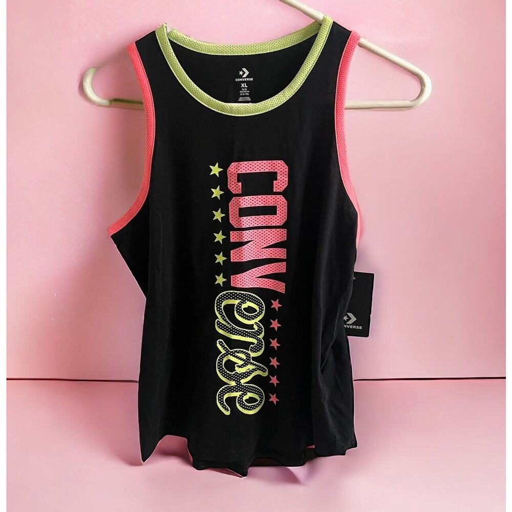 Converse girls black tank‎ top w/ neon yellow & pink size XL stars sporty